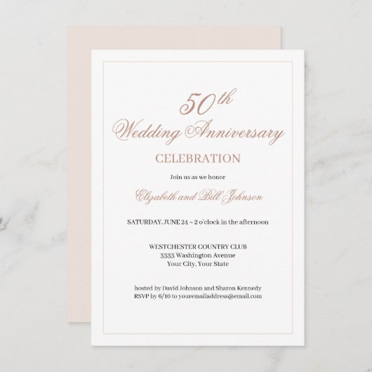 Invitation Élégant 50e anniversaire de Mariage rose (Devant / Derrière)