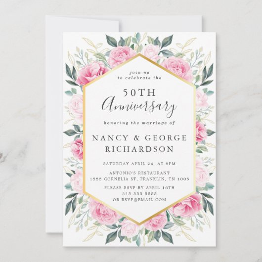Invitation Élégant 50e anniversaire de Mariage rose floral or (Devant)