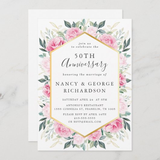 Invitation Élégant 50e anniversaire de Mariage rose floral or (Devant / Derrière)