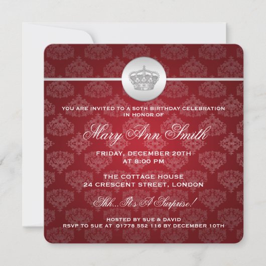 Invitation Élégant 50e anniversaire du Parti Royal Crown Red (Devant)
