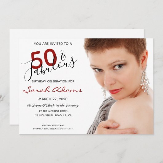 Invitation Élégant 50e anniversaire fabuleux Photo Script rou (Devant / Derrière)