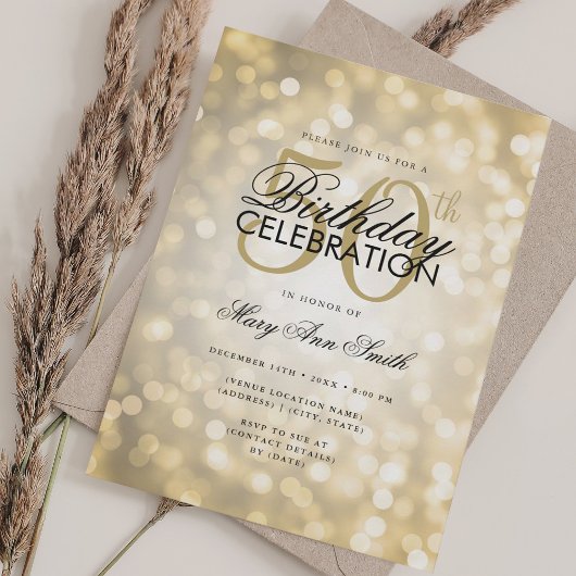 Invitation Elégant 50e anniversaire Glam Gold Shimmer lumière