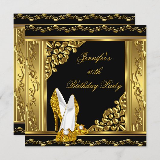 Invitation Élégant 50e anniversaire Gold Black Gold High Heel (Devant / Derrière)