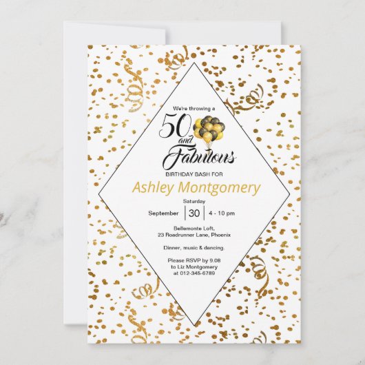 Invitation Élégant 50e Anniversaire Gold Confetti Texte noir (Devant)