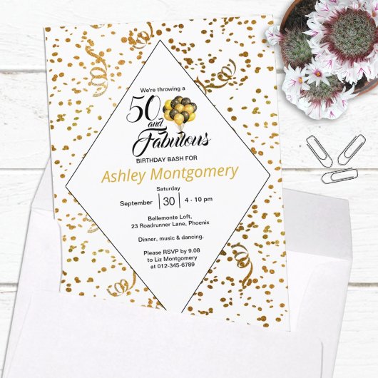 Invitation Élégant 50e Anniversaire Gold Confetti Texte noir