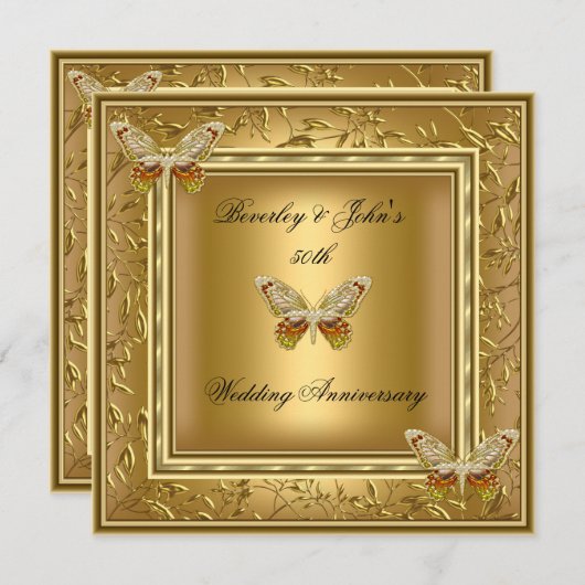 Invitation Élégant 50e anniversaire Mariage Gold Damask (Devant / Derrière)