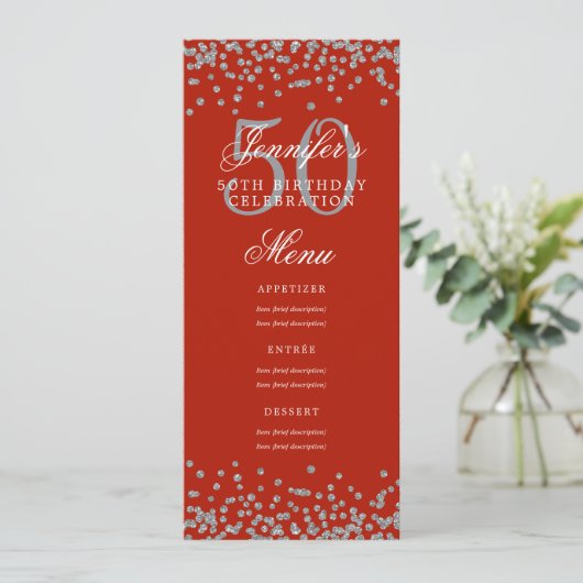 Invitation Elégant 50e Anniversaire Menu Argent Rouge Confett (Debout devant)