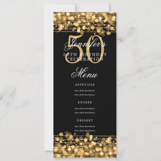 Invitation Elégant 50e Anniversaire Menu Gold Lights (Devant)