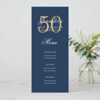 Invitation Elégant 50e Anniversaire Menu Gold Marine Blue
