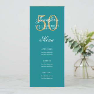 Invitation Elégant 50e Anniversaire Menu Gold Turquoise