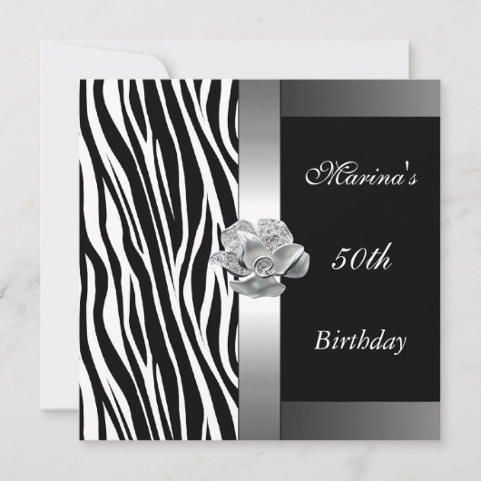 Invitation Elégant 50e anniversaire Noir Blanc Silver Zebra (Devant)