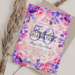 Invitation Élégant 50e anniversaire Rose or violet fleuri
