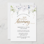 Invitation Élégant 50e (ou autre) anniversaire de Mariage<br><div class="desc">Célébrez la joie de votre anniversaire de mariage avec cet élégant invitation d'anniversaire ! Possibilité d'ajouter n'importe quel numéro anniversaire dont vous avez besoin. Design avec une magnifique aquarelle verte et des fleurs blanches avec un peu de teintes bleues encadrant vos détails d'anniversaire. Votre phrase "numéro Mariage Anniversaire" dans un...</div>