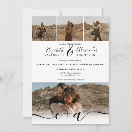 Invitation Elégant 5 Photos script moderne mariage noir blanc (Devant)