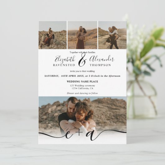 Invitation Elégant 5 Photos script moderne mariage noir blanc (Debout devant)