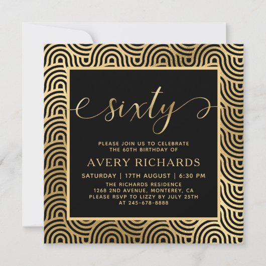 Invitation Élégant 60 Script noir et or 60e anniversaire (Devant)