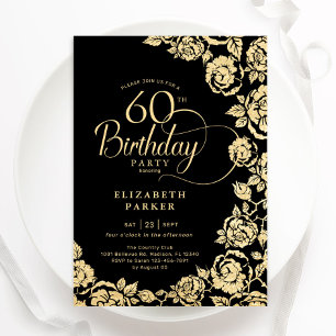 Invitation Élégant 60e anniversaire Black Gold Roses
