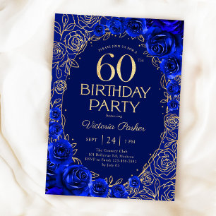 Invitation Elégant 60e Anniversaire Bleu Royal Or Floral