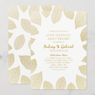 Invitation Élégant 60e Anniversaire de Mariage Feuilles Dorée