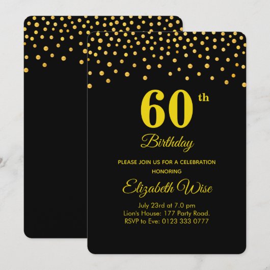 Invitation Élégant 60e anniversaire & Gold Confetti sur Noir (Devant / Derrière)