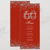 Invitation Elégant 60e Anniversaire Menu Argent Rouge Confett (Devant / Derrière)