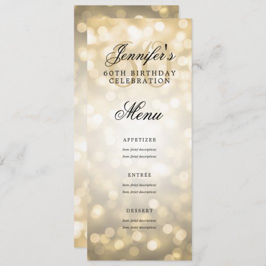 Invitation Élégant 60e Anniversaire Menu Gold Bokeh Lights (Devant / Derrière)