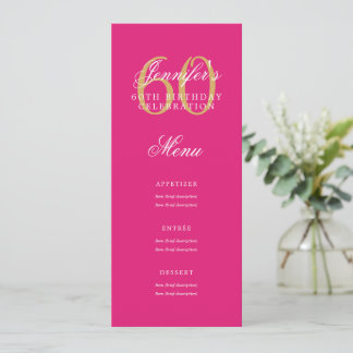 Invitation Élégant 60e Anniversaire Menu Gold Hot Pink