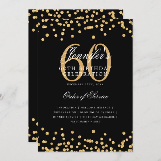 Invitation Élégant 60e Anniversaire Menu Gold Noir (Devant / Derrière)