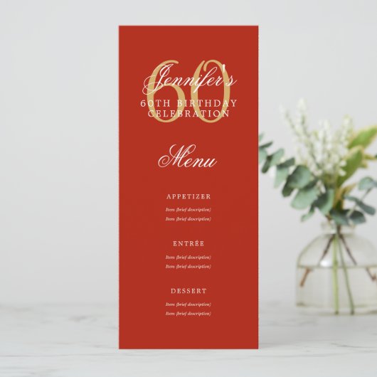 Invitation Élégant 60e Anniversaire Menu Gold Red (Debout devant)