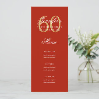 Invitation Élégant 60e Anniversaire Menu Gold Red
