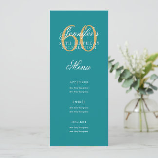 Invitation Elégant 60e Anniversaire Menu Gold Turquoise