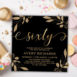 Invitation Élégant 60e anniversaire noir Script or 60e