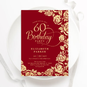 Invitation Élégant 60e anniversaire Roses d'or rouge