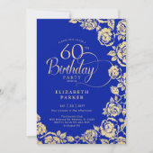 Invitation Élégant 60e anniversaire Royal Blue Gold Roses (Devant)