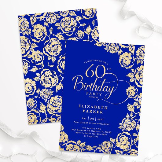 Invitation Élégant 60e anniversaire Royal Blue Gold Roses