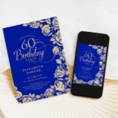 Invitation Élégant 60e anniversaire Royal Blue Gold Roses