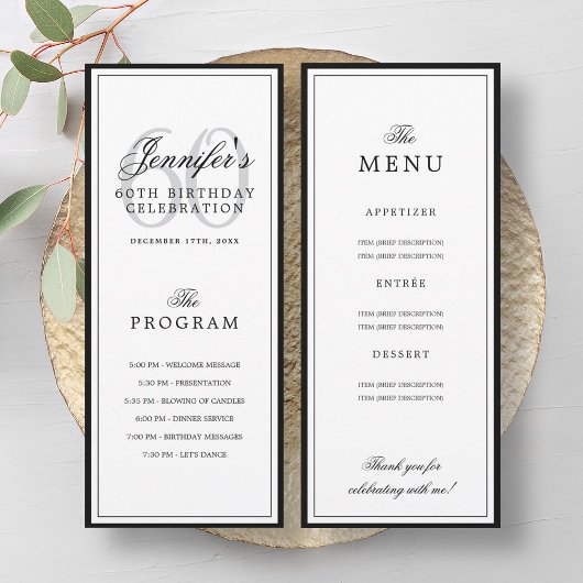 Invitation Elegant 60th Birthday Party Program + Menu