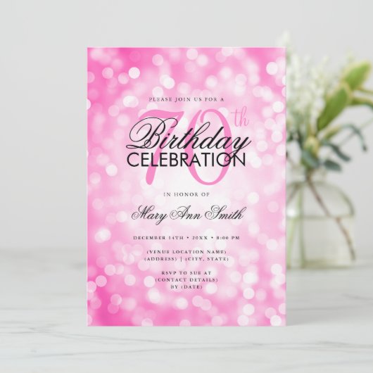 Invitation Élégant 70e anniversaire Glam Hot rose Shimmer Lum (Debout devant)