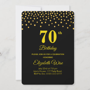 Invitation Elégant 70e anniversaire & Gold Confetti sur Noir