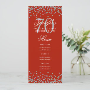 Invitation Elégant 70e Anniversaire Menu Argent Confetti Roug