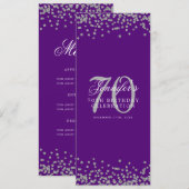 Invitation Elégant 70e Anniversaire Menu Argent Confetti Viol (Devant / Derrière)