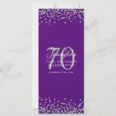 Invitation Elégant 70e Anniversaire Menu Argent Confetti Viol (Devant)
