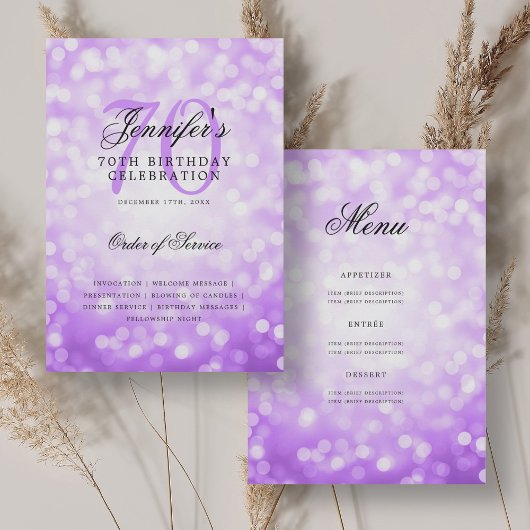 Invitation Élégant 70e Anniversaire Menu Bokeh violet