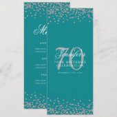 Invitation Elégant 70e Anniversaire Menu Confetti Argent Turq (Devant / Derrière)