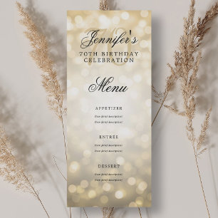 Invitation Elégant 70e Anniversaire Menu Gold Bokeh Lumières