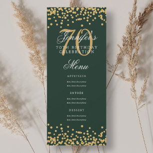 Invitation Elégant 70e Anniversaire Menu Gold Green Confetti