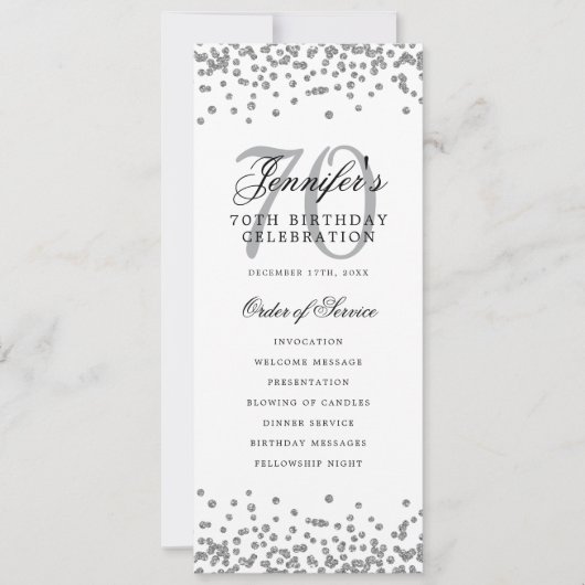 Invitation Elégant 70e Anniversaire Menu Merci U Silver (Devant)