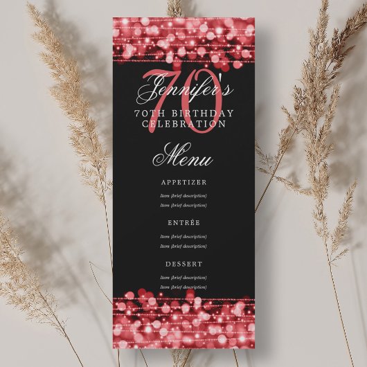Invitation Elégant 70e Anniversaire Menu Ruby Red Lights