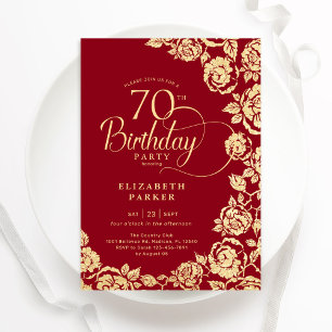 Invitation Élégant 70e anniversaire Roses d'or rouge