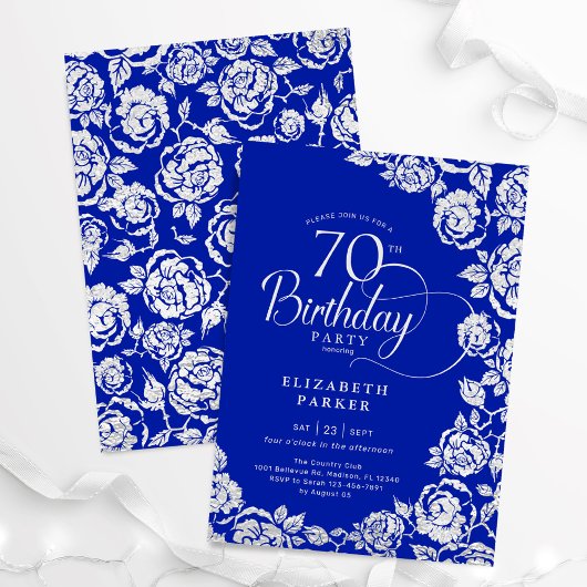 Invitation Elégant 70e anniversaire Royal Blue Roses d'argent